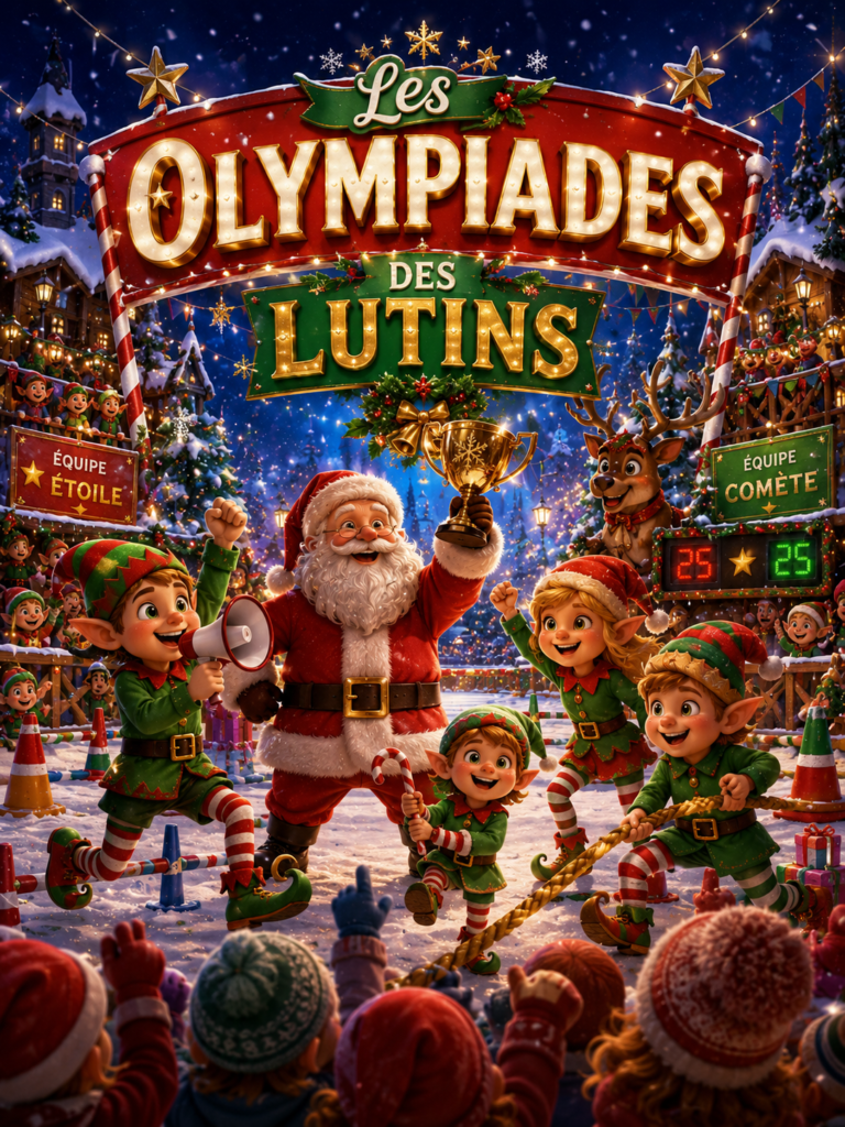 Spectacle de Noël interactif Les Olympiades des Lutins pour enfants en Essonne et Île-de-France