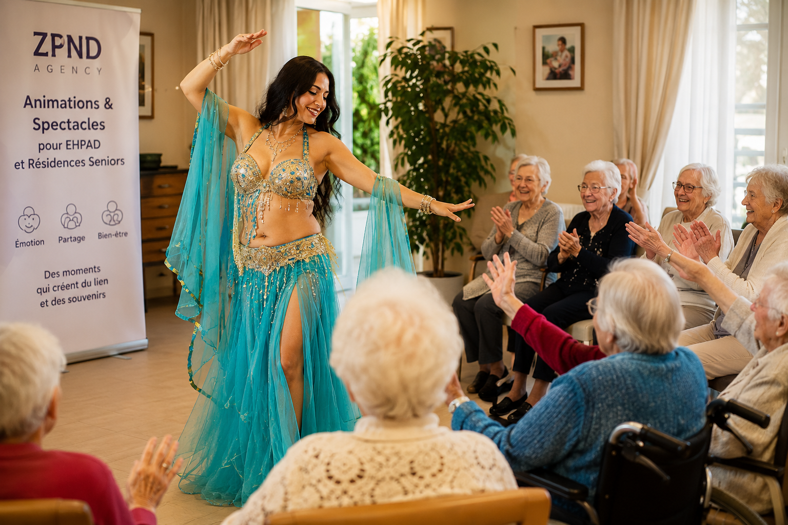 Animation de danse orientale en EHPAD devant des résidents seniors lors d'un spectacle culturel organisé par ZPND Agency.