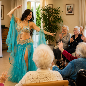 Animation de danse orientale en EHPAD devant des résidents seniors lors d'un spectacle culturel organisé par ZPND Agency.